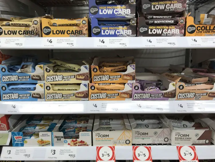 Protein bars for sale at Coles Supermarket.